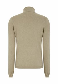 Beiger Strickpullover mit hohem Kragen, langen Ärmeln und geripptem Saum. Glatte Textur mit minimalem Design und ohne sichtbare Muster.
