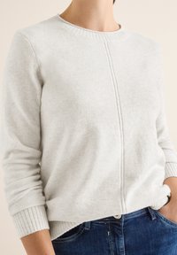 Hellgrauer Pullover aus weichem Stoff, mit einem Rundhalsausschnitt, gerippten Bündchen und einer Nahtdetail entlang der Vorderseite. Kombiniert mit blauen Jeans.