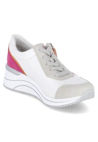 White and gray sneaker with suede accents, textured laces, and a zip closure. Features a wedge sole with a slight curve and pink and orange details.