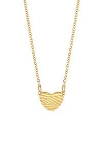 Die goldene Metallkette verfügt über einen herzförmigen Anhänger mit strukturierten Linien. Die Kettenelemente sind glatt und fein verarbeitet und ergänzen den Anhänger.