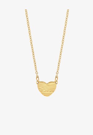 Złoty metalowy naszyjnik z zawieszką w kształcie serca, ozdobioną teksturowanymi liniami. Ogniwa łańcuszka są gładkie i starannie wykonane, doskonale uzupełniając zawieszkę.