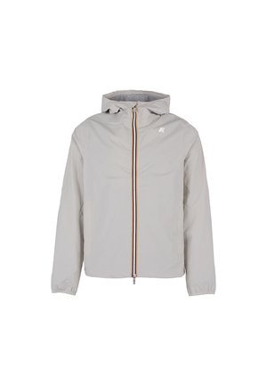 Giacca con cappuccio grigio chiaro con zip frontale e una striscia multicolore, due tasche laterali e polsini elasticizzati. Tessuto liscio e resistente all'acqua.