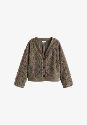 Cardigan marron, texturé avec un motif en maille torsadée, encolure en V et boutons foncés. Présente des poignets et un ourlet côtelés pour le contraste.