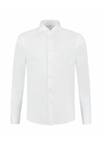 Witte blouse met lange mouwen, gemaakt van soepele stof, met een knoopsluiting aan de voorkant, een puntige kraag en een afgeronde zoom met doorgebogen mouwen.
