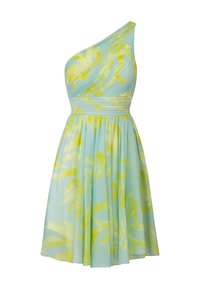 Robe asymétrique en tissu bleu clair avec des motifs de feuilles jaunes, présente un corsage plissé et une jupe évasée, texture douce et design fluide.