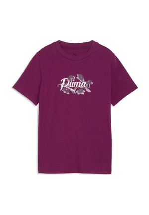 Kortærmet mørkelilla t-shirt med blomsterdesign og ordet "Puma" i hvid skrift over brystet.
