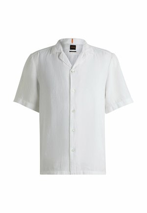 White short-sleeve shirt made of a lightweight fabric with a standard collar, featuring a front button placket and a casual fit.