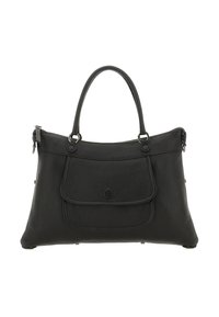 Borsa a mano in pelle nera con finitura testurizzata, doppi manici, tasca frontale con patta e dettagli in metallo argentato. Chiusura superiore con cerniera.