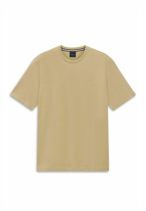 Beiges T-Shirt mit kurzem Ärmel und Rundhalsausschnitt, mit dezentem Markenlogo auf der Brust und einem schwarzen Etikett innen am Kragen.