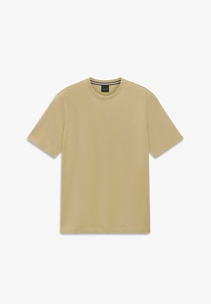 Beiges T-Shirt mit kurzem Ärmel und Rundhalsausschnitt, mit dezentem Markenlogo auf der Brust und einem schwarzen Etikett innen am Kragen.