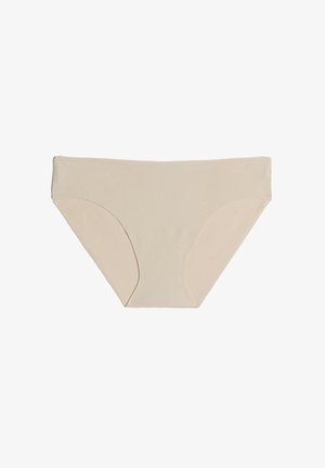 Béžové bavlněné bikiny s hladkou texturou, širokým elastickým pasem a zakřivenými nohavičkami pro pohodlí a pokrytí.