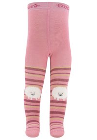 Rosafarbene Leggings mit horizontalen Streifen in verschiedenen Rosa- und Gelbtönen, versehen mit einem Schaf-Graphic auf jedem Knie. Aus weichem Strickmaterial, mit elastischem Bund.