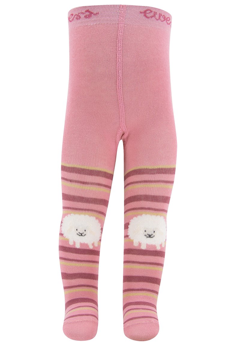 Rosafarbene Leggings mit horizontalen Streifen in verschiedenen Rosa- und Gelbtönen, versehen mit einem Schaf-Graphic auf jedem Knie. Aus weichem Strickmaterial, mit elastischem Bund.
