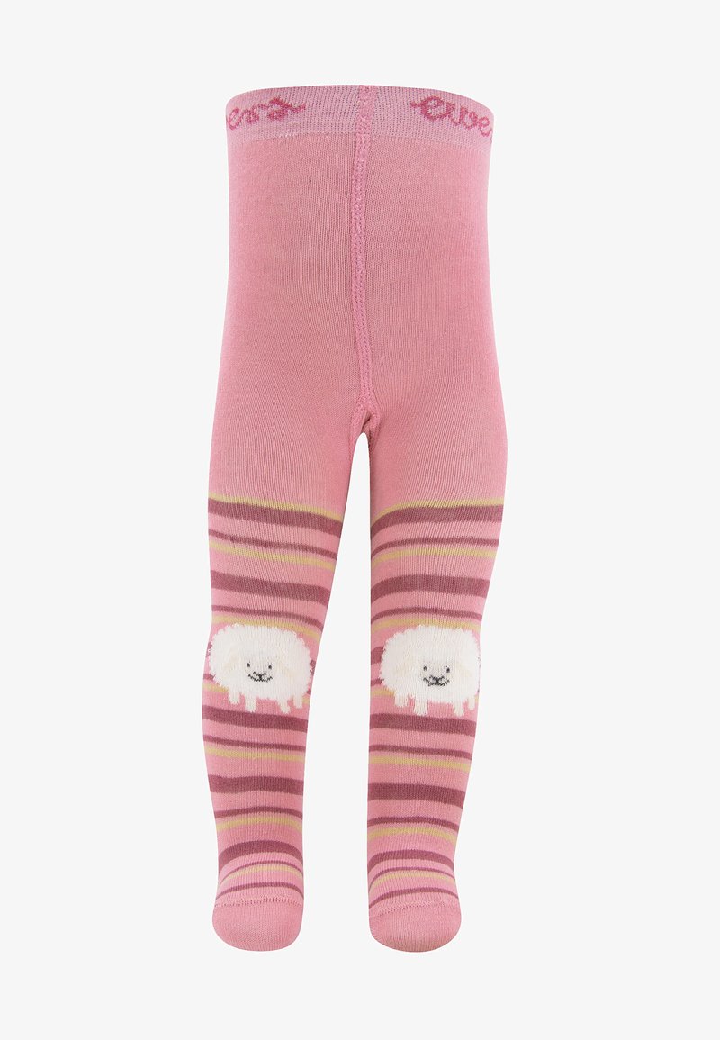 Rosafarbene Leggings mit horizontalen Streifen in verschiedenen Rosa- und Gelbtönen, versehen mit einem Schaf-Graphic auf jedem Knie. Aus weichem Strickmaterial, mit elastischem Bund.