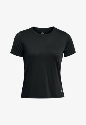 Musta urheilu t-paita lyhyillä hihoilla, pyöreä pääntie, sileä pinta ja huomaamaton brändilogo oikeassa alakulmassa.