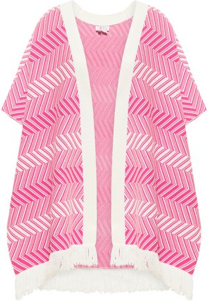 Roza in bela prugasta kimono s ribjo kostjo, odprta spredaj, s kratkimi rokavi in belimi robovi na koncu.