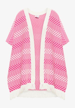Roze en wit gestreepte kimono met een visgraatpatroon, open voorkant, korte mouwen en witte franjes aan de zoom.