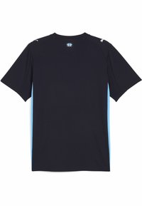 Camisa desportiva de manga curta para homem em azul marinho escuro com detalhes laterais em azul claro, feita de tecido respirável, com decote redondo e detalhe de logótipo.