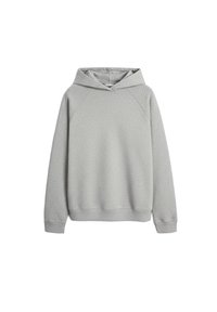 Jasnoszara bluza z kapturem wykonana z miękkiego, teksturowanego materiału. Posiada przednią kieszeń typu kangur, kaptur ze sznurkiem oraz ściągacze na mankietach i u dołu.