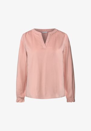 Langärmlige Bluse aus weichem, rosa Stoff mit V-Ausschnitt und gerafften Bündchen. Glatte Textur und lockere Passform.