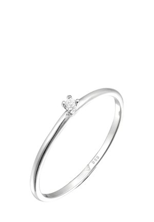 Silver ring with a smooth, thin band and a single round diamond centerpiece, showcasing a polished finish and minimalist design.