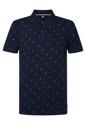 Polo din bumbac texturat de culoare bleumarin, cu un model de flamingo roșu, mâneci scurte, guler clasic și deschidere cu nasturi.