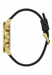 Orologio cronografo dorato con quadrante argento, tre pulsanti neri ai lati e cinturino in gomma nera con fibbia dorata.