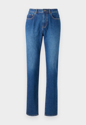 Jeans din denim albastru cu croială dreaptă, cinci buzunare, un brâu cu bucle pentru curea și cusături contrastante pe margini.