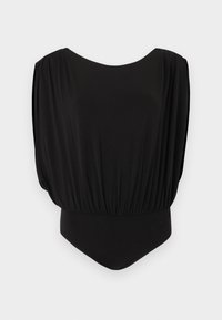 Μαύρο αμάνικο ολόσωμο κορμάκι με φαρδιές, χαλαρές ώμους και εφαρμοστό κάτω μέρος πάνω σε ανοιχτό γκρι φόντο.