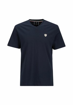 Navyblaues Baumwoll-T-Shirt mit V-Ausschnitt, kurzen Ärmeln und kleinem Schild-Logo auf der linken Brust. Glatte Textur, normale Passform.