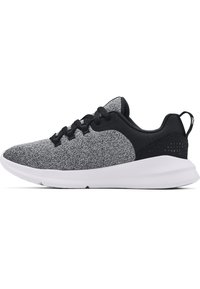 Zapatillas deportivas en negro y gris con parte superior de punto texturizado, cierre con cordones, cuello acolchado y suela de goma blanca. Acentos en el talón perforados.