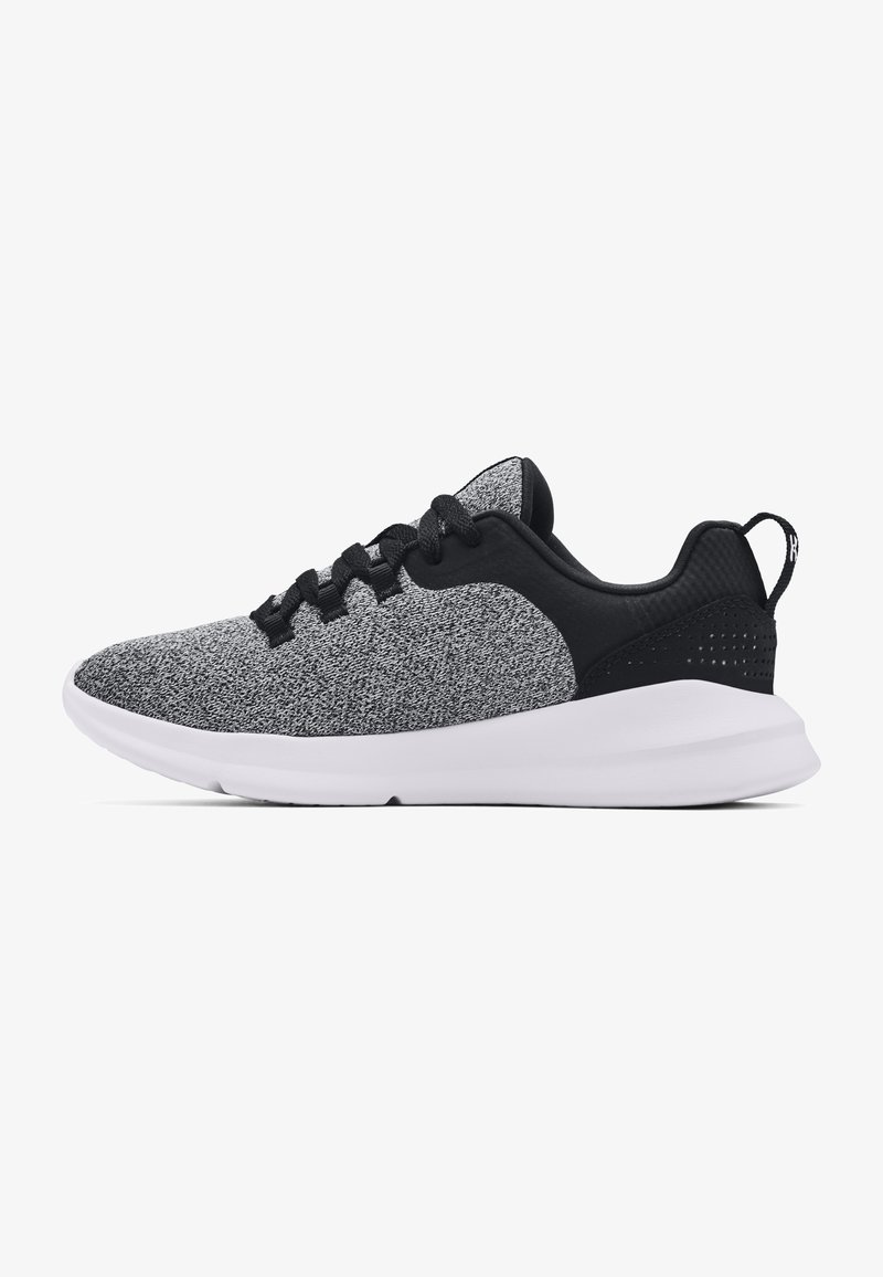 Black and gray athletic shoes with a textured knitted upper, lace-up closure, padded collar, and white rubber sole. Perforated heel accents.