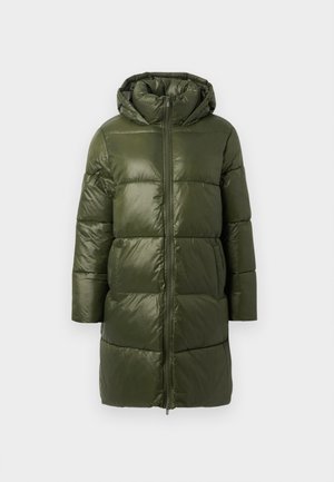 Padded parka jacket in dark green with a hood, featuring a front zipper, long sleeves, and a textured, shiny finish.