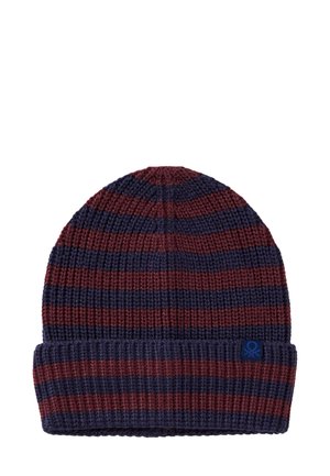 Berretto lavorato a maglia con strisce verticali in bordeaux e blu navy. Presenta un bordo a coste e una piccola etichetta blu su un lato.