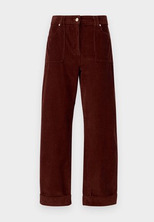 Brown corduroy pants with a straight leg design, featuring rolled cuffs and two front pockets. The fabric has a distinct ribbed texture.