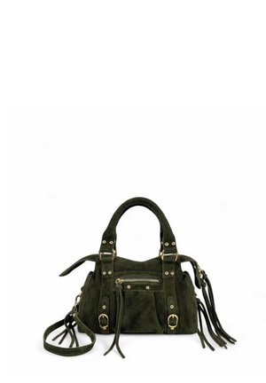 Sac à main en daim vert foncé avec double poignée, poche zippée à l'avant, accents de boucle dorée et pampilles décoratives sur les sangles.