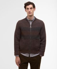 Cardigan zippé en tricot marron foncé avec des rayures horizontales en marron clair et gris ; dispose de poignets et d'un col côtelés ; tissu texturé.