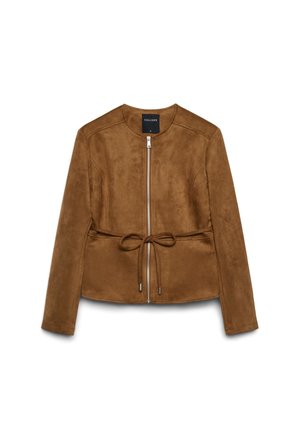 Braune Wildlederjacke mit langen Ärmeln, Reißverschluss vorne, rundem Ausschnitt und einem Taillengürtel, Größe Small von Calliope.