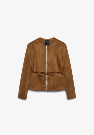 Braune Wildlederjacke mit langen Ärmeln, Reißverschluss vorne, rundem Ausschnitt und einem Taillengürtel, Größe Small von Calliope.