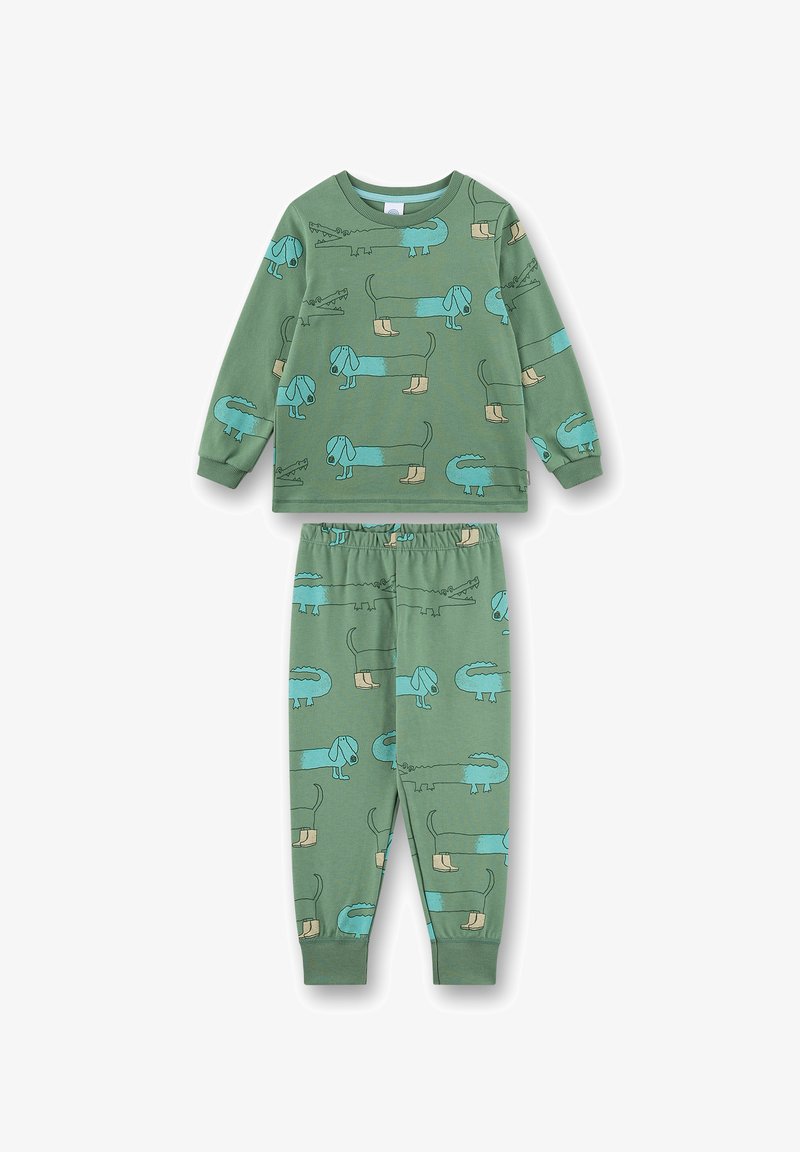 Green long-sleeve top and pants with playful blue dog and crocodile illustrations, featuring dogs wearing beige boots.