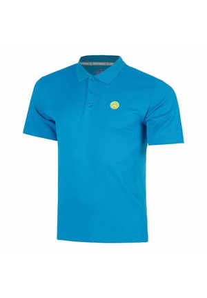 Polo blu a maniche corte con tre bottoni e un piccolo logo circolare giallo sul petto sinistro.