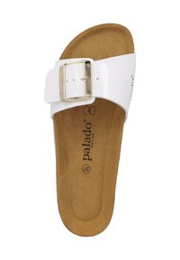 Sandal in patent bianco con una fascia ampia, fibbia in metallo dorato e un plantare in sughero testurizzato marrone. Marcato "palado" e taglia 37.