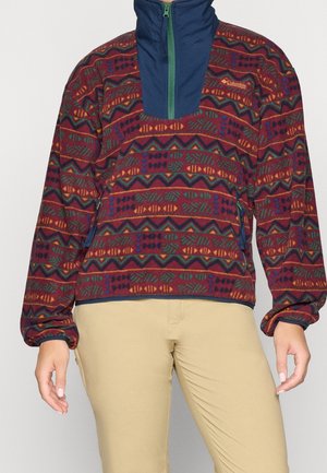 Osoba ubrana w wielokolorowy wzorzysty polarowy sweter z granatowym kołnierzem na zamek i beżowe spodnie, stojąca z rozluźnionymi ramionami.