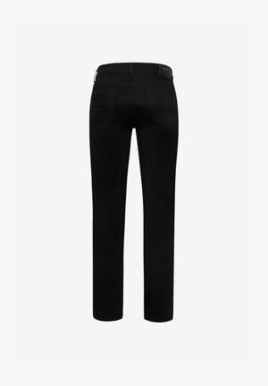 Schwarze gerade geschnittene Hosen mit einer glatten Textur, ausgestattet mit zwei Gesäßtaschen und einem Bund für eine taillierte Passform.