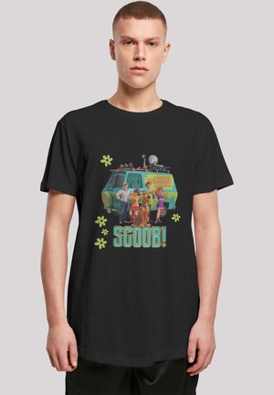 Black cotton t-shirt featuring a colorful Scooby-Doo graphic with characters and a green Mystery Machine van, accented by flower designs.