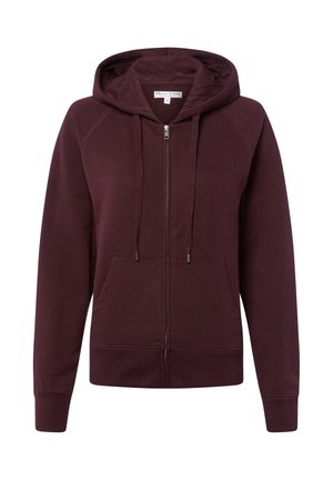 Bordowy hoodie na zamek wykonany z mieszanki bawełny, z kapturem na sznurki, kieszeniami z przodu oraz ściągaczami przy mankietach i u dołu. Gładka tekstura.