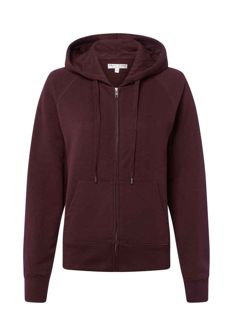 Bordowy hoodie na zamek wykonany z mieszanki bawełny, z kapturem na sznurki, kieszeniami z przodu oraz ściągaczami przy mankietach i u dołu. Gładka tekstura.