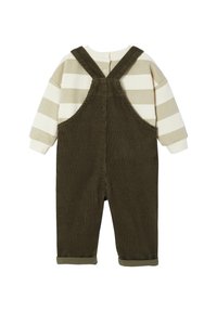 Cotton corduroy overalls in dark green with beige striped long sleeves. Features adjustable straps and rolled cuffs at the ankles.