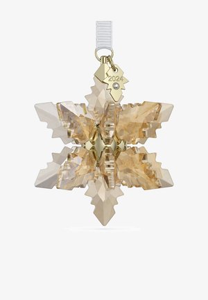 Kristall-Schneeflockenornament in Beige- und Klartönen, mit scharfen Kanten und einem goldenen Zentrum, gekennzeichnet mit einem 2024-Tag.