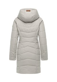 Light gray padded coat with a chevron pattern, a large hood, and a brand logo patch at the top back. Features long sleeves and a mid-length design.